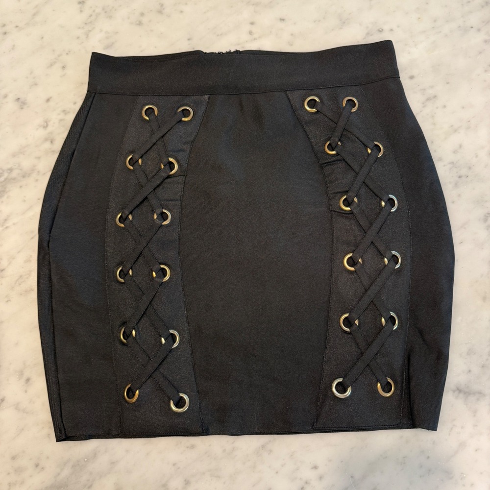 Black Lace Up Mini Skirt Grommet Side Edgy Y2K Festival Size M